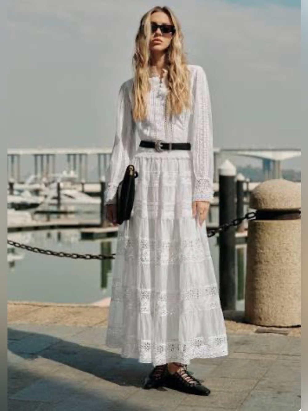 Commense White Lace Tiered Maxi Skirt
